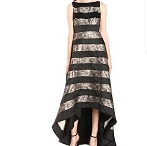 Adrianna Papell black and gold lace stripe gown